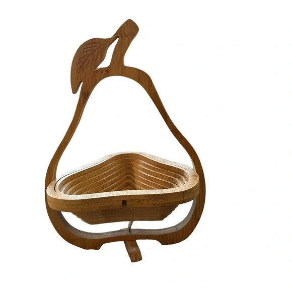 Collapsible Fruit Basket Pear Shape Kitchen Decor Bamboo Wood Trivet - Picture 1 of 5